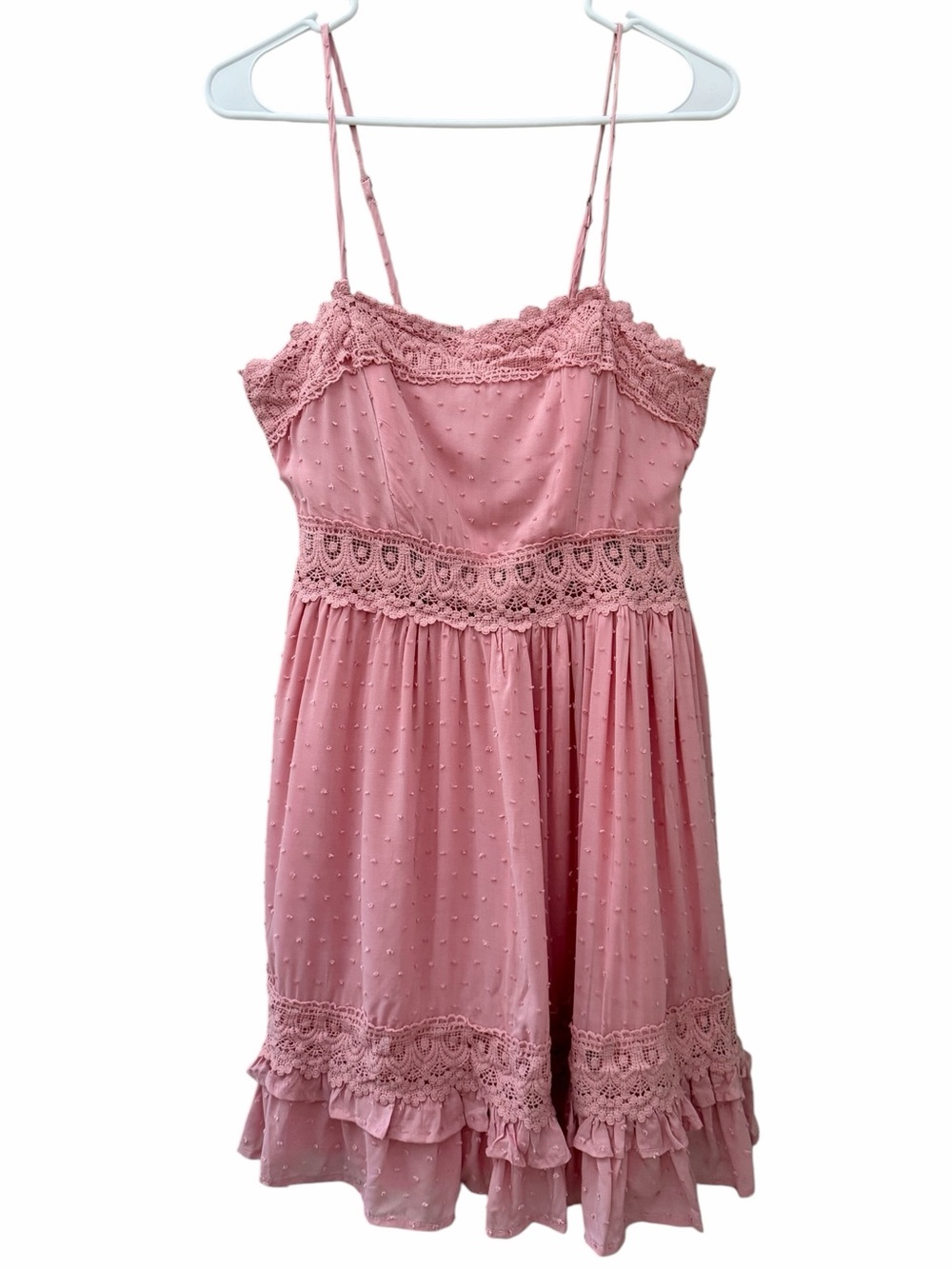 Bluivy Lace Trim Dress Womens Sz M Pink Thin Strap Swiss Dot Tiered Cottage Boho